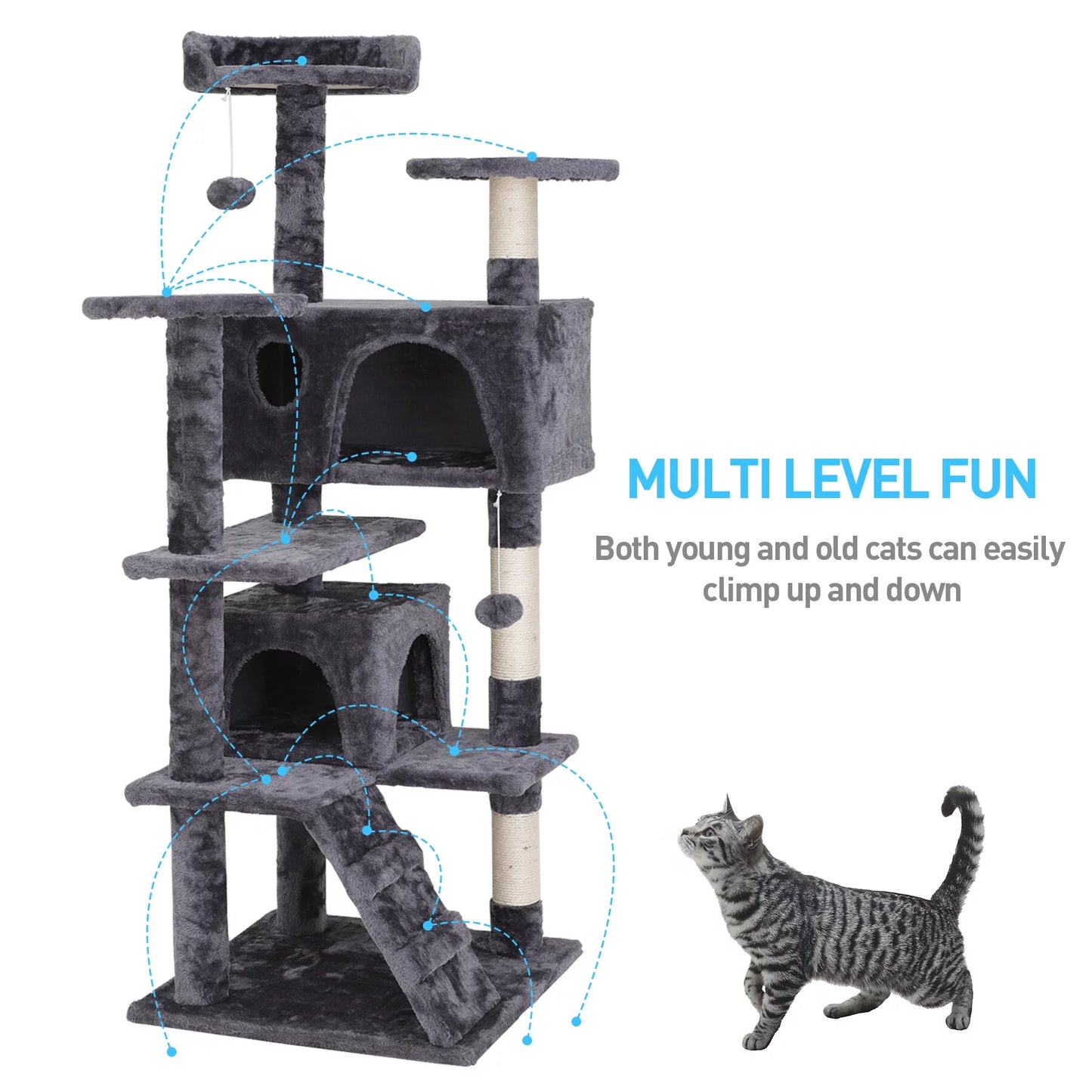 55''H Multi-Level Soft Cat Tree Condo Cat Tower W/Scratching Posts & Top Perch, Gray