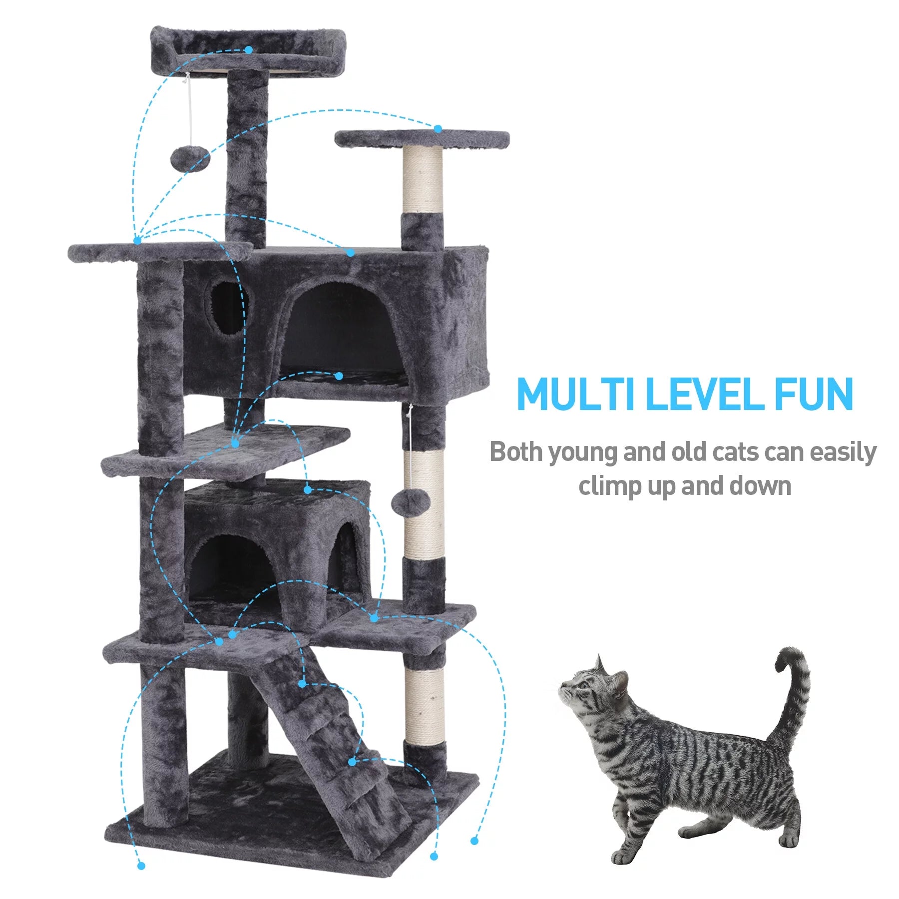 55''H Multi-Level Soft Cat Tree Condo Cat Tower W/Scratching Posts & Top Perch, Gray