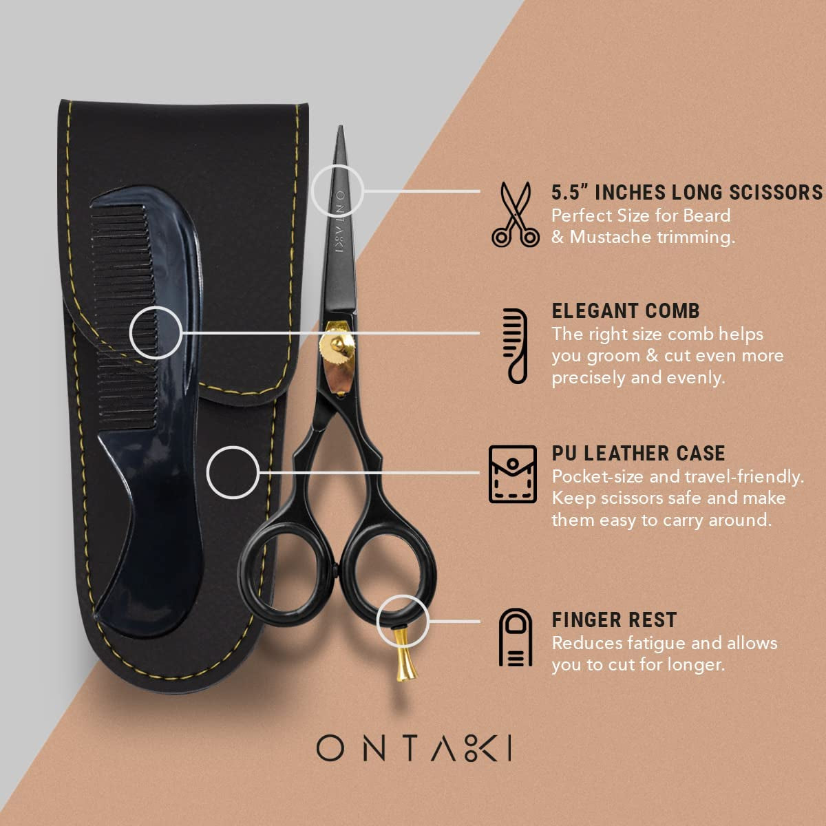 5.5" Beard & Hair Trimming Scissors - Professional Japanese Steel Hand-Forged Barber Shears for Mustache, Bangs, Men, Pets (Gold & Black) - Hair Scissors