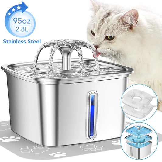 95Oz/2.8L Stainless Steel Cat Water Fountain - Automatic Pet Water Dispenser for Cats, Dogs - Includes Replacement Filters & Silicone Mat, Electric Water Bowl for Multiple Pets, Silver