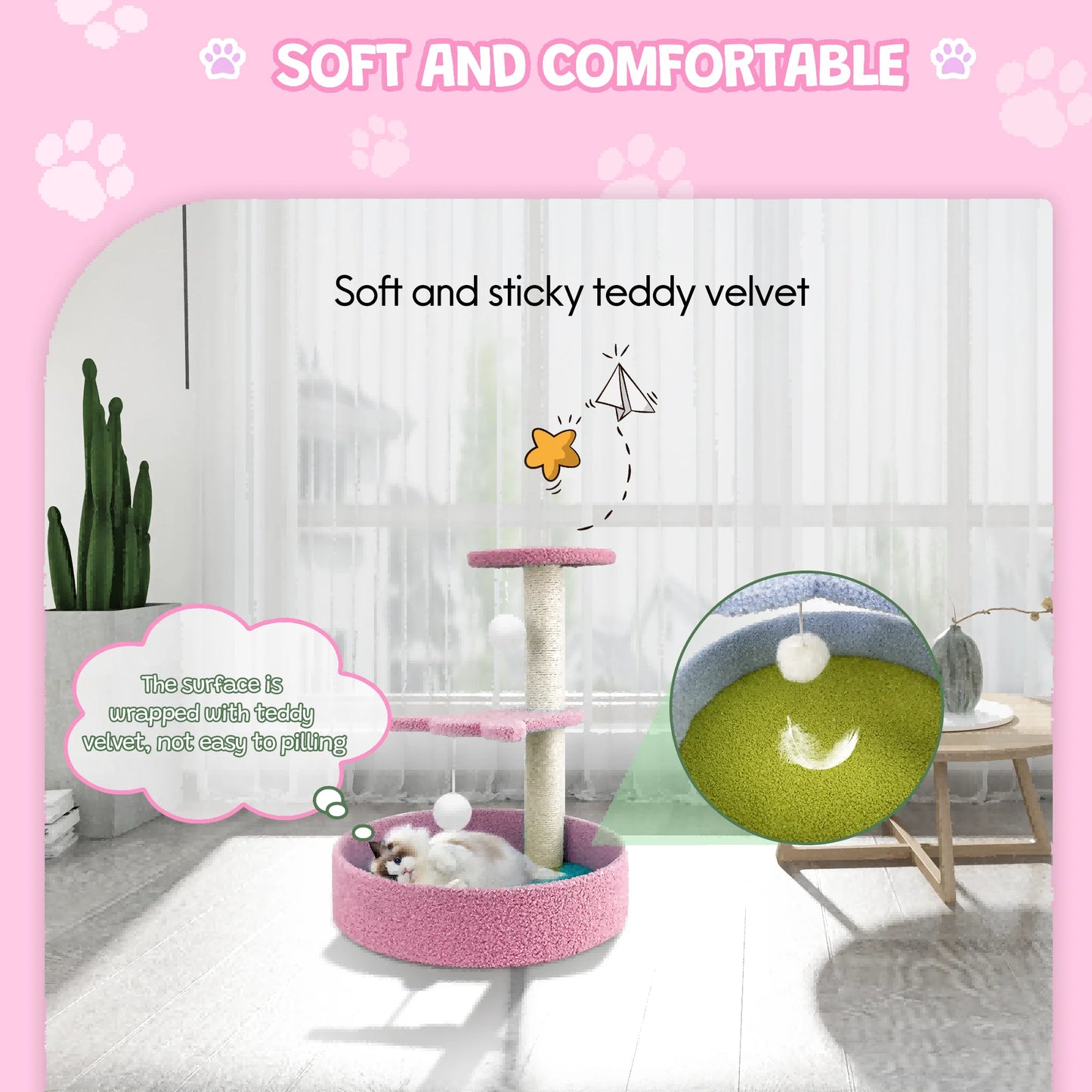 Cat Scratching Post Small Cat Tree Tower with Cozy Perch, Fleece Lounge Bed with Hanging Ball, for Indoor Cat Kitten,18.5 Inch,Pink