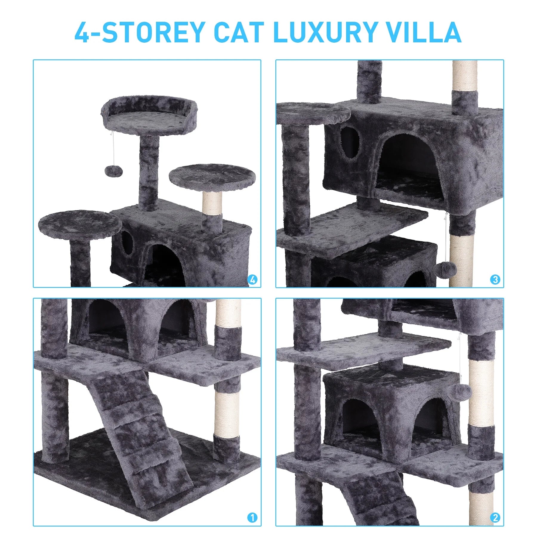 55''H Multi-Level Soft Cat Tree Condo Cat Tower W/Scratching Posts & Top Perch, Gray