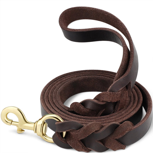 Leather Dog Leash, Genuine Cowhide Braided Pet Leash for Small Dogs, 4Ft X 3/4In, Brown