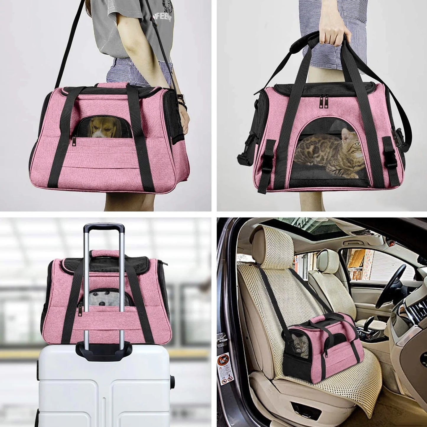 Pink Pet Cat Carrier Airline Approved, Dog Carriers for Small Dogs, Collapsible Dog Cat Travel Carrier Bag for Small Medium Cat