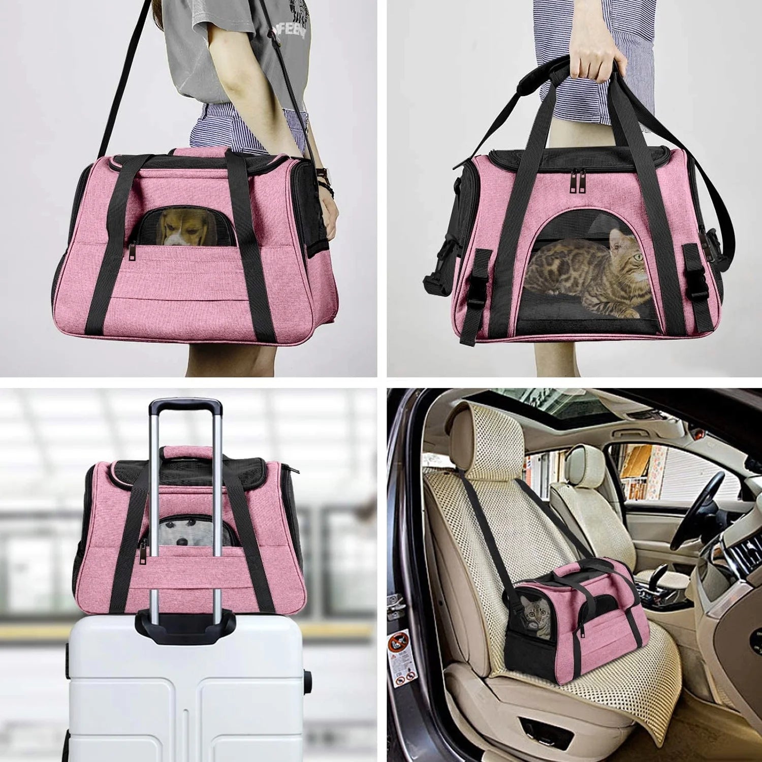 Pink Pet Cat Carrier Airline Approved, Dog Carriers for Small Dogs, Collapsible Dog Cat Travel Carrier Bag for Small Medium Cat