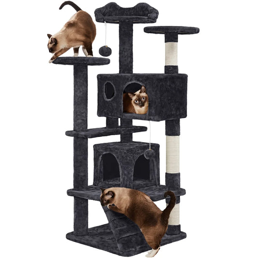 54''H Cat Tree Condo with Scratching Post Tower, Black