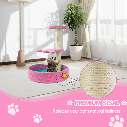 Cat Scratching Post Small Cat Tree Tower with Cozy Perch, Fleece Lounge Bed with Hanging Ball, for Indoor Cat Kitten,18.5 Inch,Pink