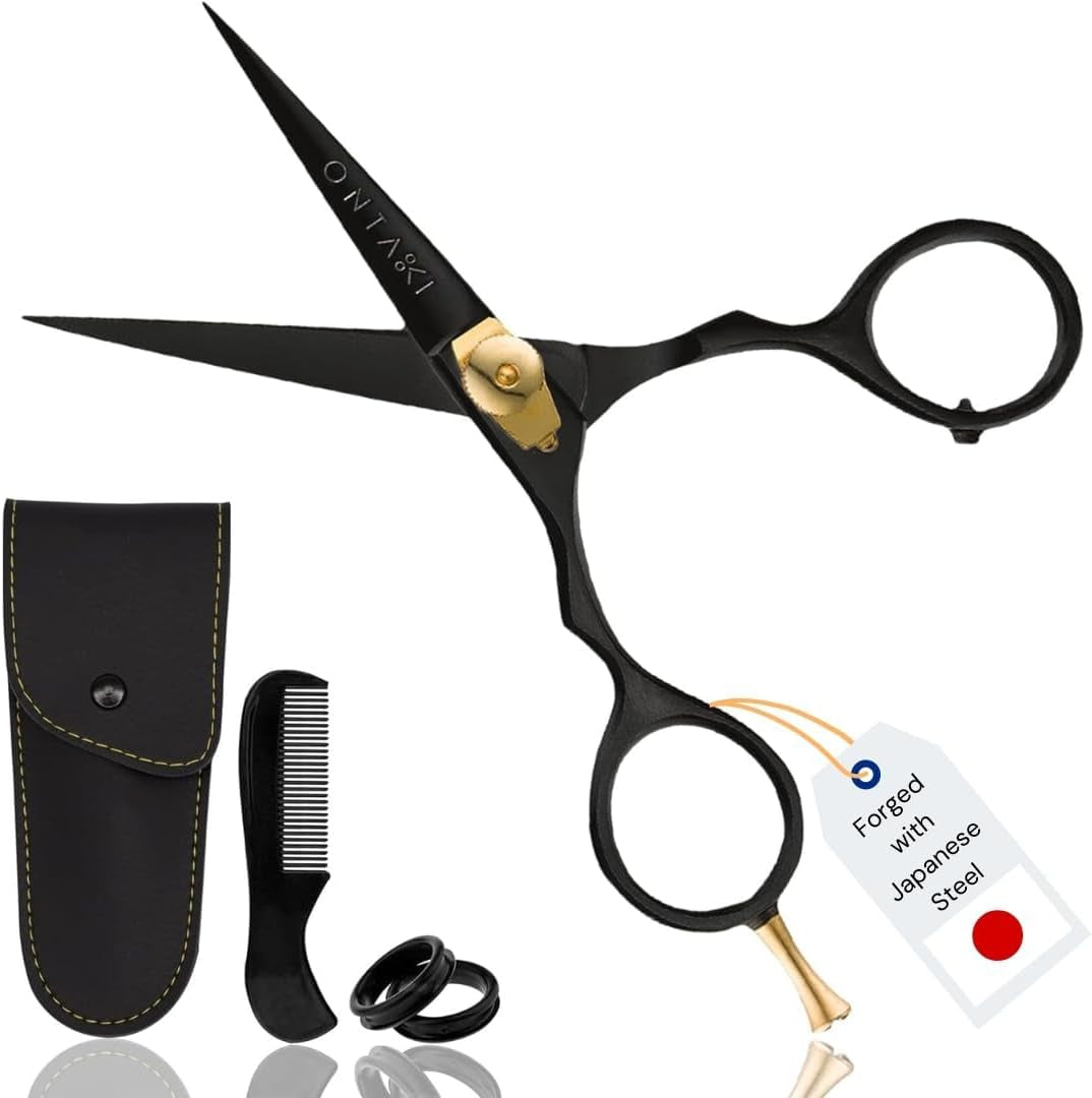 5.5" Beard & Hair Trimming Scissors - Professional Japanese Steel Hand-Forged Barber Shears for Mustache, Bangs, Men, Pets (Gold & Black) - Hair Scissors