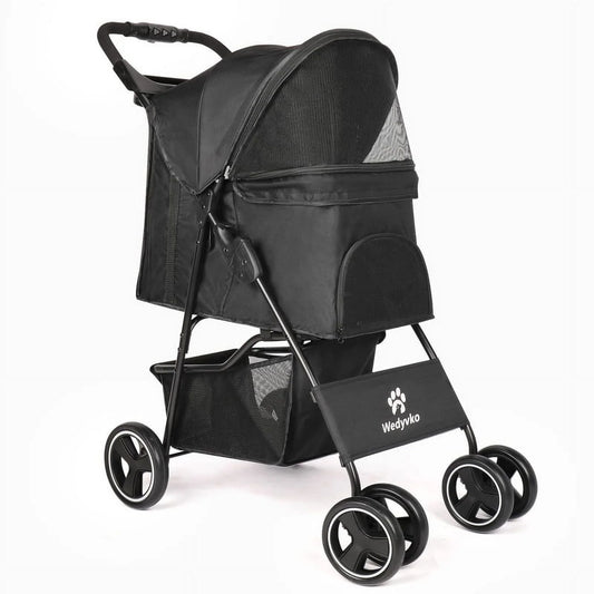 Pet Dog Stroller, 4 Wheeled Foldable Pet Stroller with Storage Basket and Cup Holder, Front Wheel 360° Rotation, Rear Wheel with Brake, Suitable for Small and Medium-Sized Pets（Black）