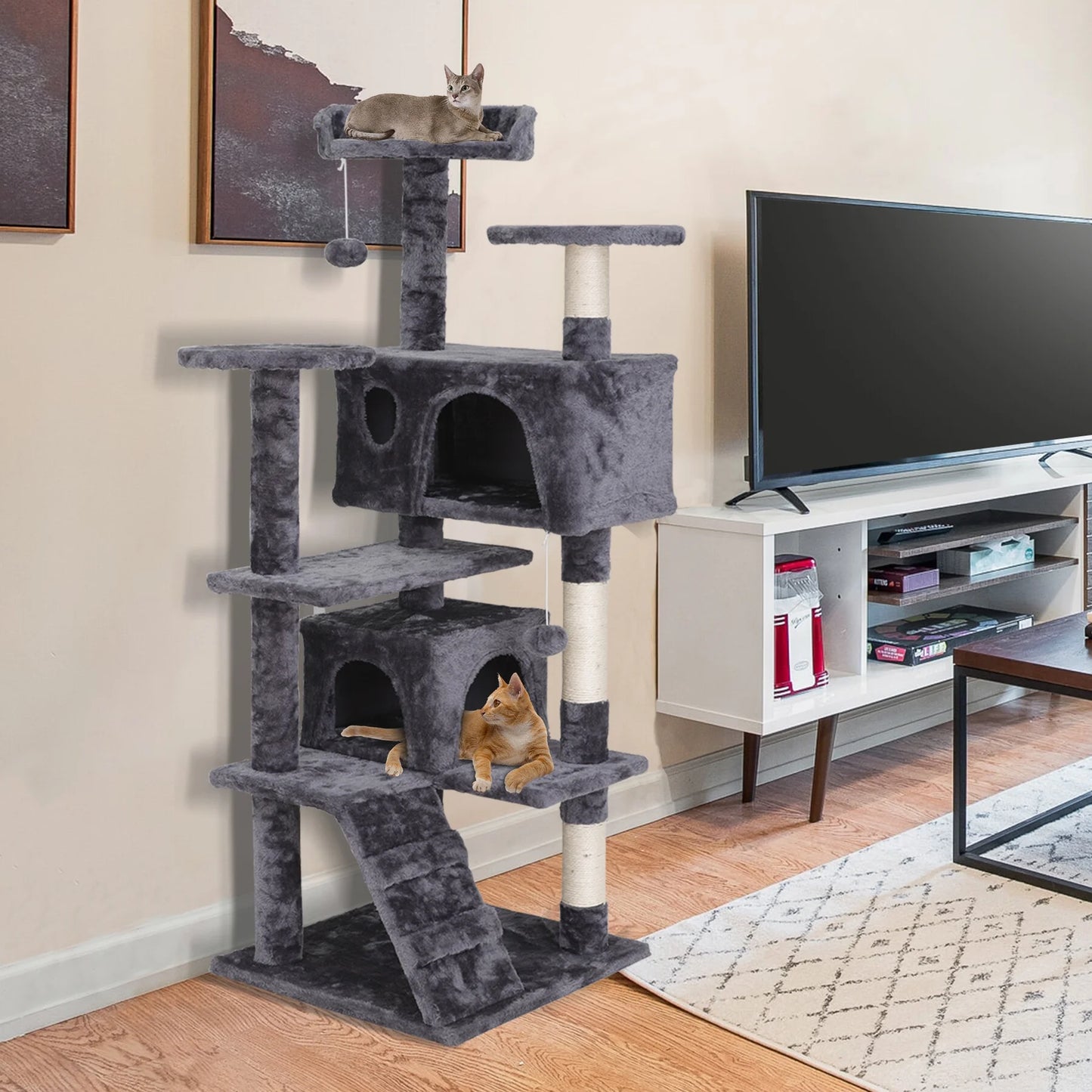 55''H Multi-Level Soft Cat Tree Condo Cat Tower W/Scratching Posts & Top Perch, Gray