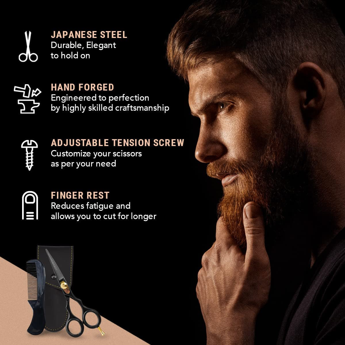 5.5" Beard & Hair Trimming Scissors - Professional Japanese Steel Hand-Forged Barber Shears for Mustache, Bangs, Men, Pets (Gold & Black) - Hair Scissors