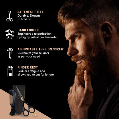 5.5" Beard & Hair Trimming Scissors - Professional Japanese Steel Hand-Forged Barber Shears for Mustache, Bangs, Men, Pets (Gold & Black) - Hair Scissors