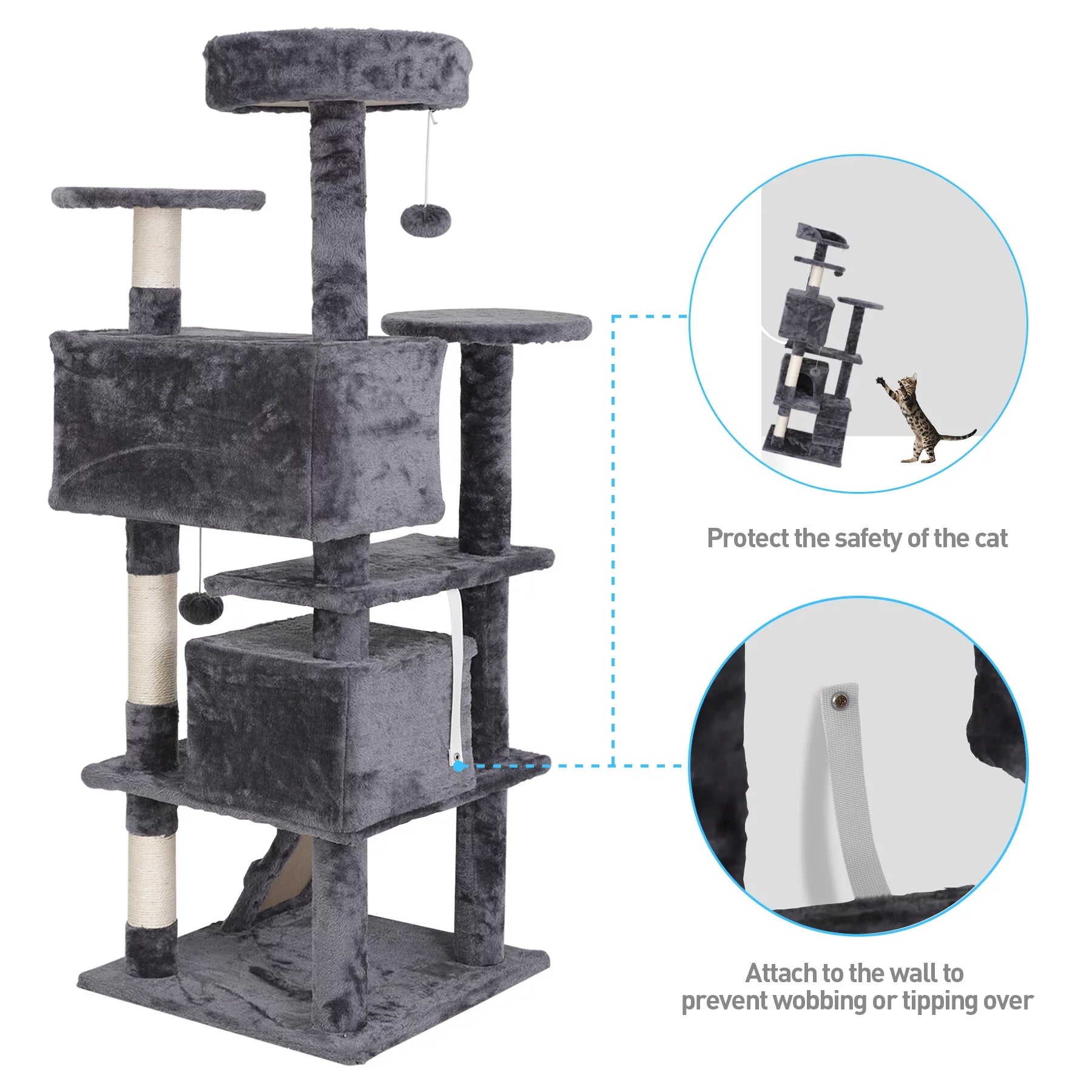 55''H Multi-Level Soft Cat Tree Condo Cat Tower W/Scratching Posts & Top Perch, Gray